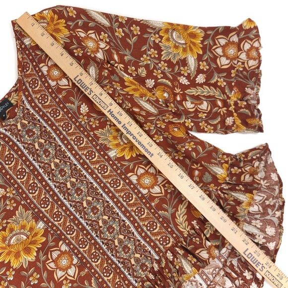 CYNTHIA ROWLEY Ruffled Sunflower Floral Print Blouse Brown Boho Womens Medium - Picture 3 of 6